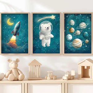 Juego de 3 láminas del espacio exterior para niños, decoración de dormitorio infantil, láminas de astronautas para guardería, pósteres de 3 piezas de planetas para sala de juegos, cohete imprimible, digital