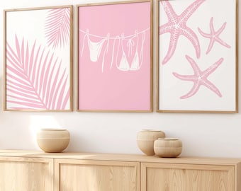 Pink Beach Prints Set of 3, Trendy Coastal Wall Art Posters, Girly Dorm Room Decor, Beachy Wall Art, College Apartment Aesthetic, Digital