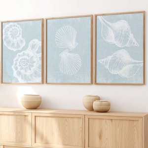May include: Three framed prints with a light blue background and white illustrations of seashells. The prints are hanging on a white wall above a light wood cabinet with three doors.