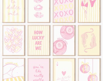 Juego de 12 láminas de estilo preppy rosa y amarillo para dormitorios universitarios: Pósteres modernos para apartamentos de estudiantes (Descarga digital instantánea)