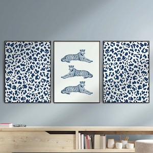 Set Of 3 Navy Blue Leopard Poster Prints, Retro Animal Print 3 Piece Wall Art, Preppy Girly Dorm Room Decor, Trendy Printable, Digital Art