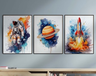 Space 3 Piece Wall Art, Set of 3 Space Wall Art For Nursery, Boys Bedroom Print, Space Room Decor, Nursery Wall Art For Boys, Digital Prints