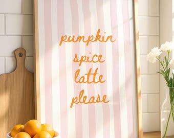 Latte de calabaza con especias. Por favor, imprime: Arte mural otoñal en tonos rosa y naranja (descarga digital).