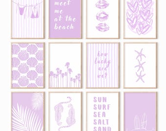 Juego de 12 láminas de playa moradas: Arte mural costero de estilo preppy para dormitorios universitarios (descarga digital instantánea)