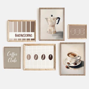 May include: A set of six framed prints with a coffee theme. The prints feature a coffee pot, coffee beans, a cup of coffee, and the words "Coffee Club" and "Buongiorno".