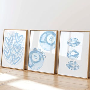 Blue Preppy Dorm Room Prints Set of 3, Light Blue Trendy Wall Art, Girly College Apartment Posters, Feeling Lucky 8 Ball Print, Digital