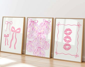 Trendy Pink Bows Set of 3 Prints, Girly Retro 3 Piece Wall Art, Preppy Dorm Room Decor Posters, Light Pink Coquette Wall Art, Digital Prints