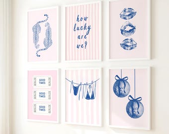Juego de 6 pósteres para dormitorios universitarios en azul marino y rosa: Láminas de estilo preppy femenino para apartamentos universitarios (Descarga digital instantánea)