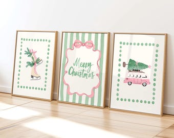 Trendy Christmas Prints Set of 3: Pink Green Coquette Christmas Wall Art (Digital Download)