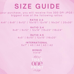 May include: Pink size guide with text detailing image ratios and sizes, including 4x6", 6x9", 8x12", 10x15", 12x18", 16x24", 20x30", 6x8", 9x12", 12x16", 15x20", 18x24", 4x5", 8x10", 12x15", 16x20", 5x7", A5, A4, A3, A2, and 11x14". The text is in a pink font.