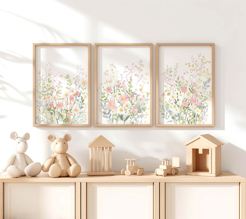 Wildflowers Set of 3 Prints, 3 Piece Floral Nursery Decor, Girly Pink ...