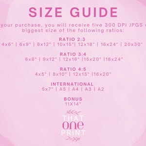 Puede incluir: Gu&iacute;a de tallas rosa con texto que detalla las proporciones y tama&ntilde;os de las im&aacute;genes, incluyendo 4x6", 6x9", 8x12", 10x15", 12x18", 16x24", 20x30", 6x8", 9x12", 12x16", 15x20", 18x24", 4x5", 8x10", 12x15", 16x20", 5x7", A5, A4, A3, A2 y 11x14". El texto es rosa.