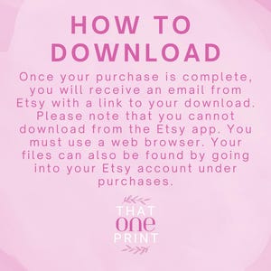 Puede incluir: Fondo rosa con el texto "HOW TO DOWNLOAD" en fuente rosa oscuro. El texto explica c&oacute;mo descargar una compra de Etsy, incluyendo el uso de un navegador web.
