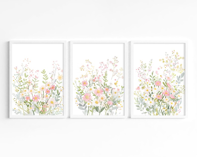 Wildflowers Set of 3 Prints, 3 Piece Floral Nursery Decor, Girly Pink ...