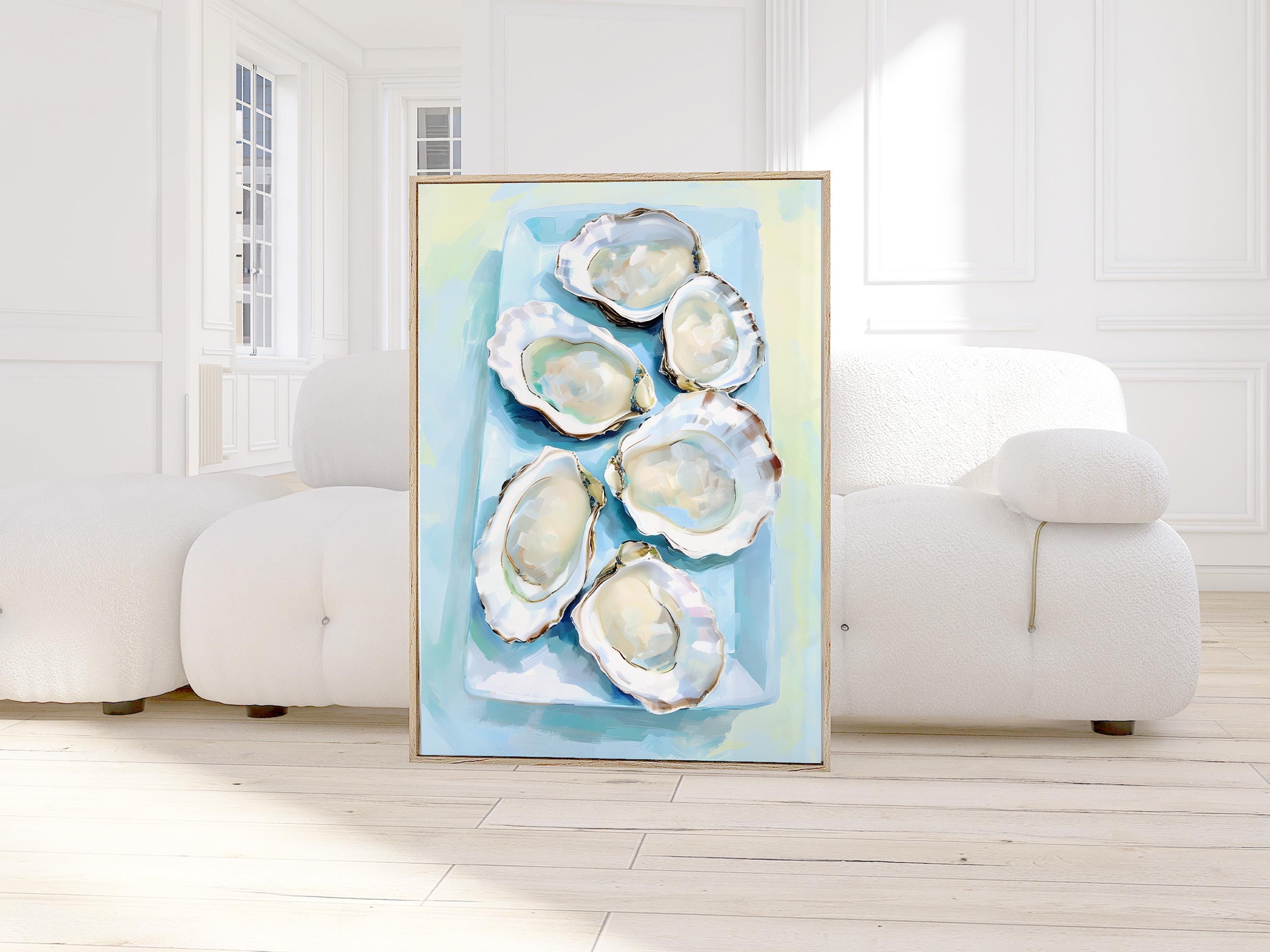 Oyster Shell Wall Art Print, Pastel Light Blue Oyster Poster, Abstract Beach House Decor, Trendy Coastal Kitchen Printable, Digital Download