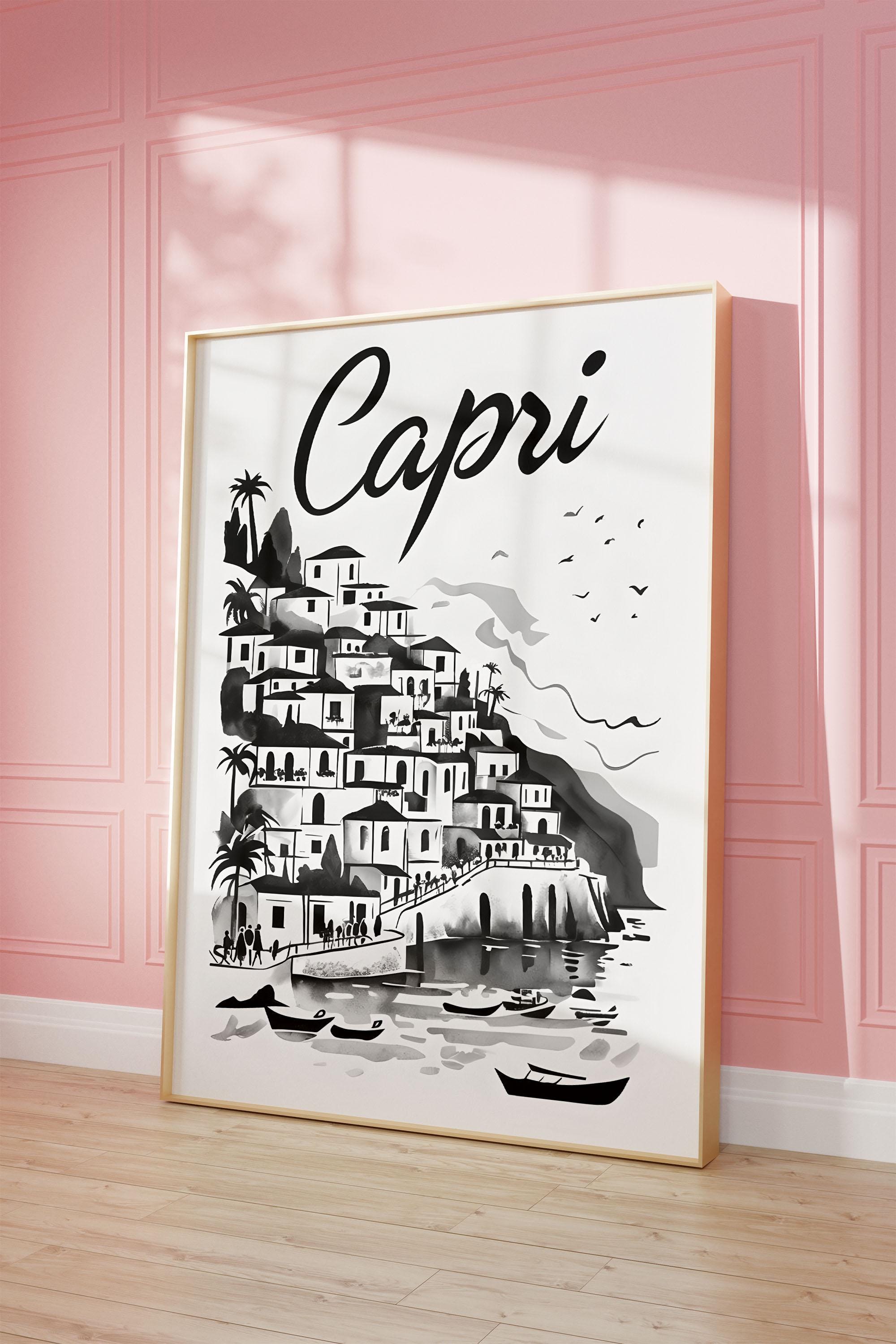 Capri Italy Travel Poster, Retro Italy Print, Black White Trendy