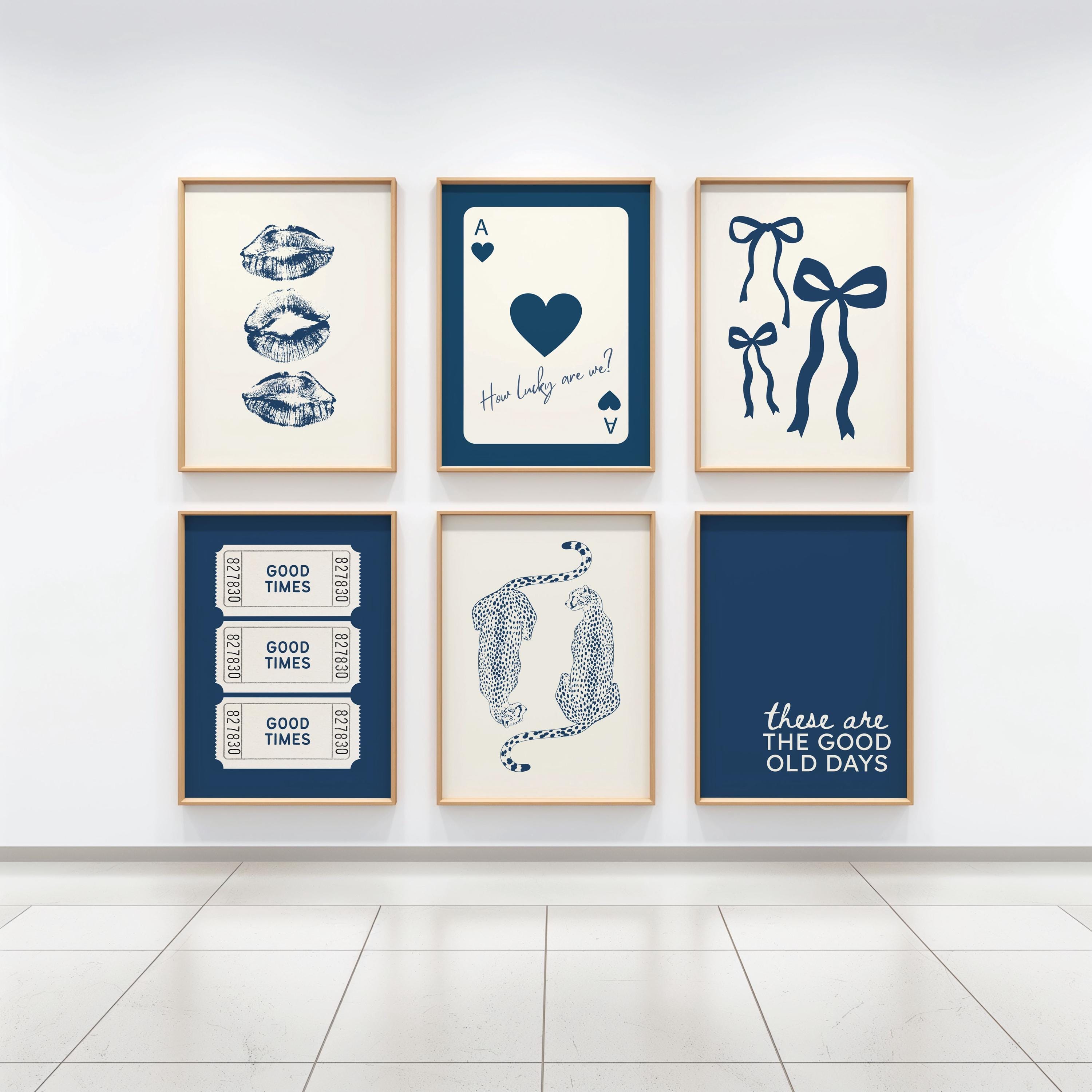 Navy Blue Trendy Dorm Prints Set Of 6, Retro Preppy Girly Dorm Decor, College Apartment Aesthetic, Cheetah Print, Kiss Lips Poster, Digital