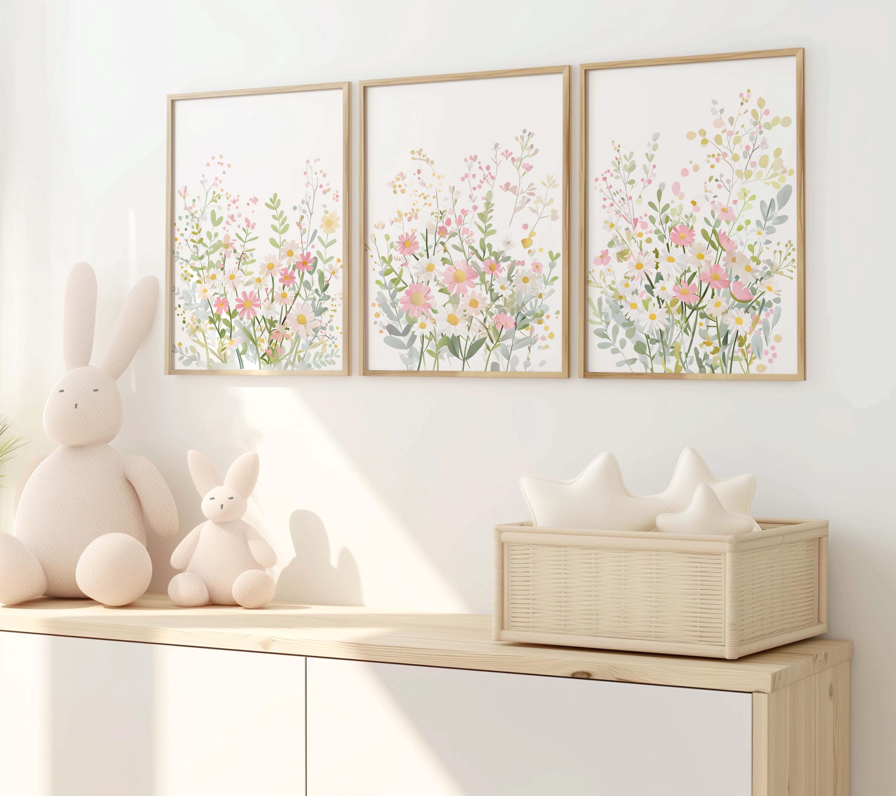 Wildflowers Set Of 3 Prints, 3 Piece Floral Nursery Decor, Girly Pink Flower Wall Art, Girls Bedroom Posters, Boho Playroom Art, Digital