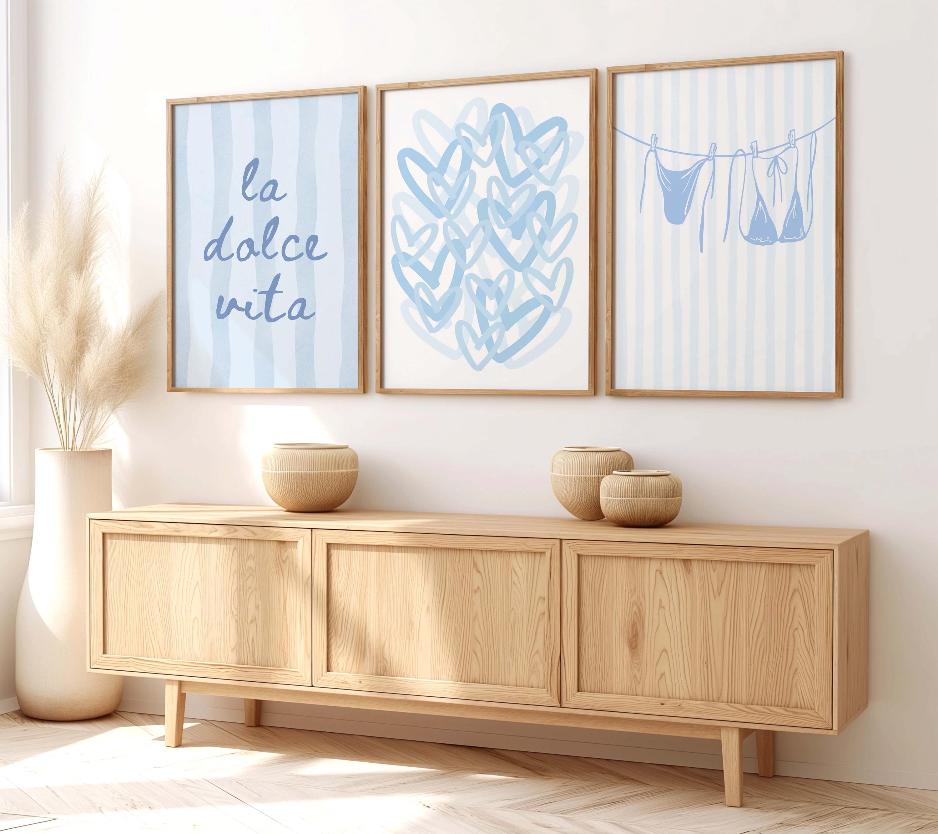 Blue Preppy Dorm Room Prints Set of 3, Light Blue Trendy Wall Art, Girly College Apartment Posters, La Dolce Vita Printable, Digital Art