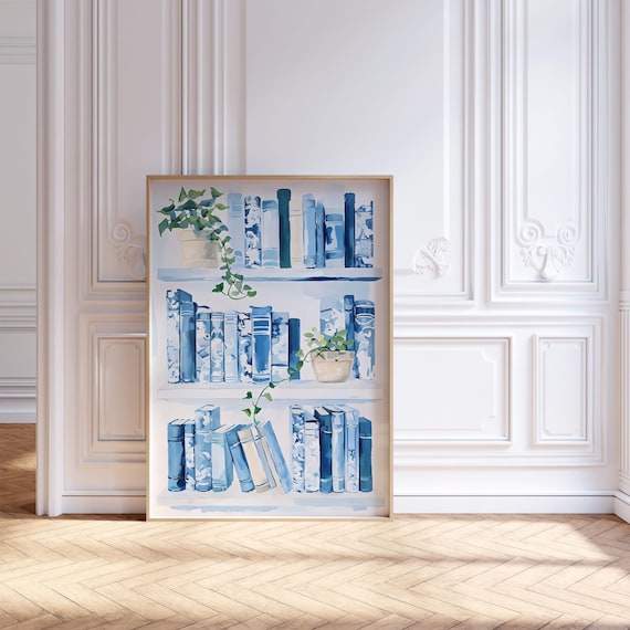 Chinoiserie Bookshelf Wall Art, Book Stack Painting, Chinoiserie Wall Art, Reading Nook Wall Art, Bookworm Printable, Digital Download