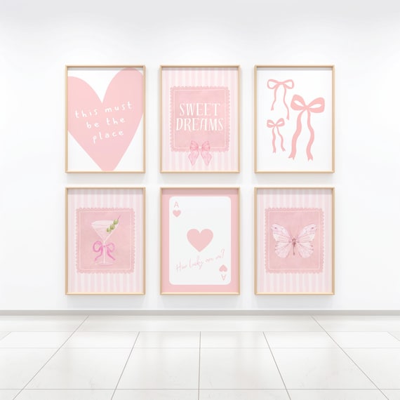 Pink Dorm Room Prints Set of 6, Trendy Wall Art, Preppy Girly Posters, College Apartment Aesthetic, Coquette Dorm Decor, Digital Download
