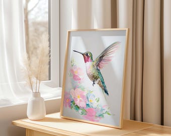 Colibrì volante su albero in fiore rosa / Decorazione per la casa con uccelli, dipinto da appendere alla parete / Stampa su tela, arte murale / Arte murale ispirata alla natura - Italia