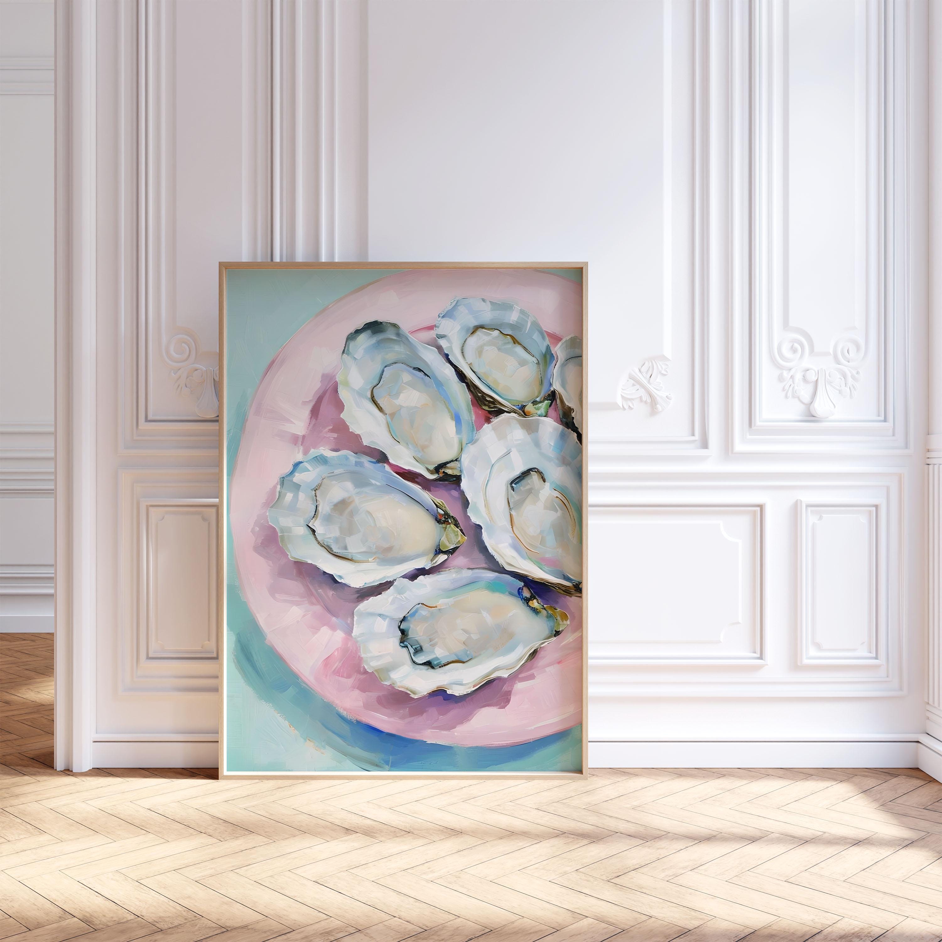Stampa artistica da parete con conchiglie di ostriche, poster con ostriche rosa pastello e verde acqua, decorazione astratta per casa sulla spiaggia, cucina costiera alla moda stampabile, download digitale