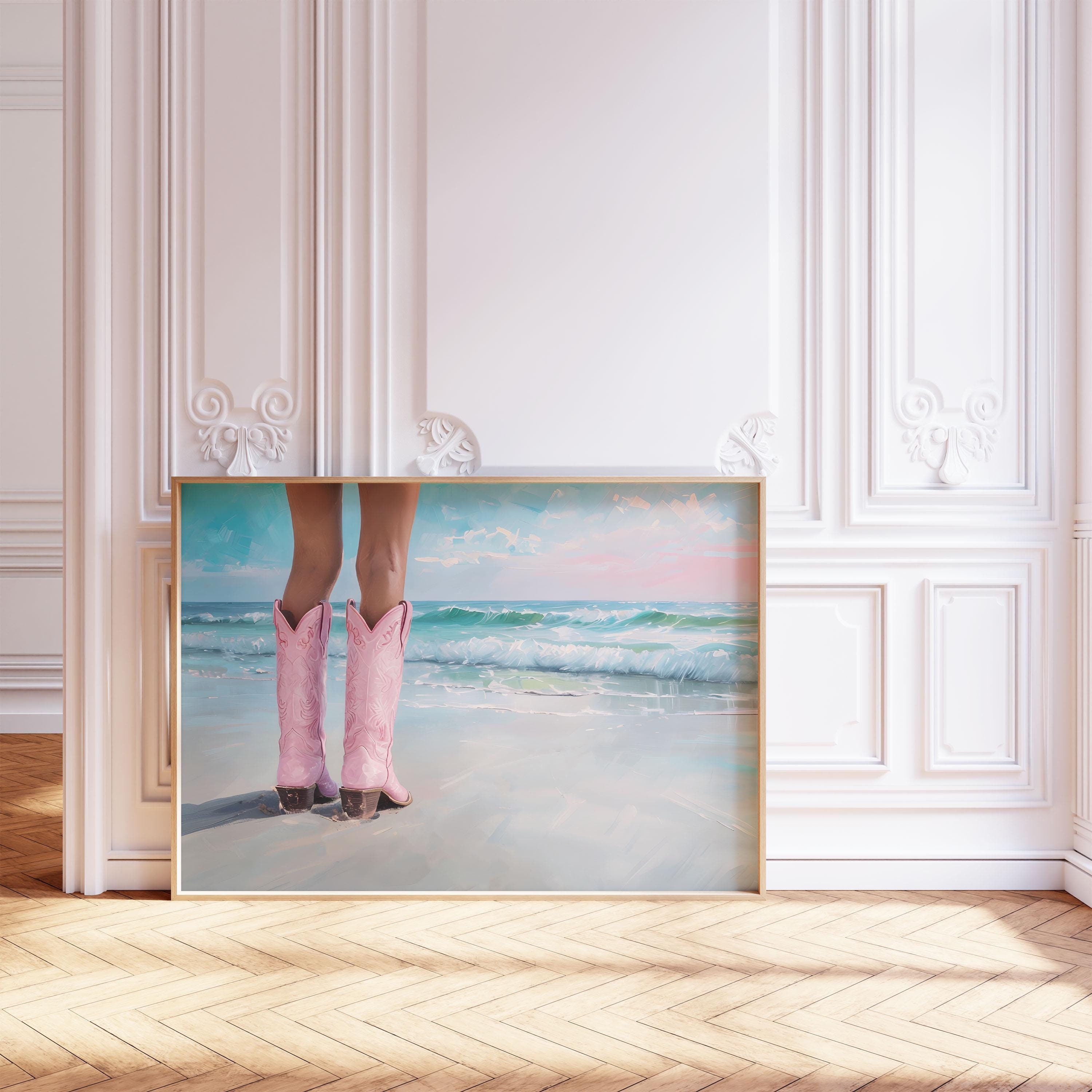 nghtuiyocw Stampa artistica da parete su tela alla moda con cowgirl costiera, poster estetico per camera da letto, poster vintage Western Surfer's Up Green Preppy, immagini estive in spiaggia per