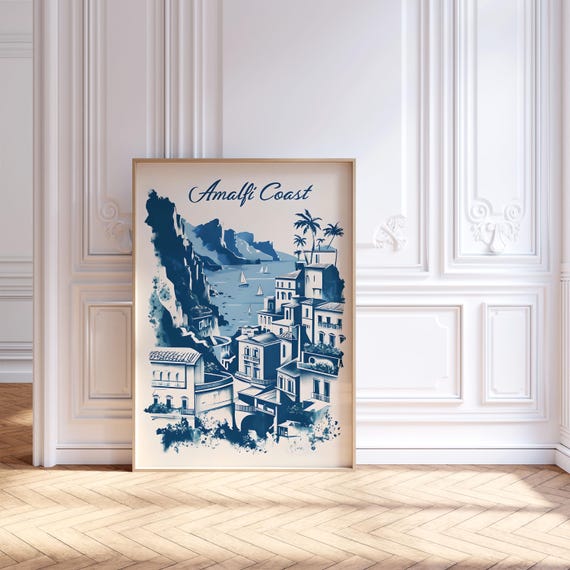 Amalfi Coast Travel Poster, Retro Italy Print, Navy Blue Trendy Wall Art, Hand Drawn Cityscape Sketch, Dorm Room Decor Art, Digital Download