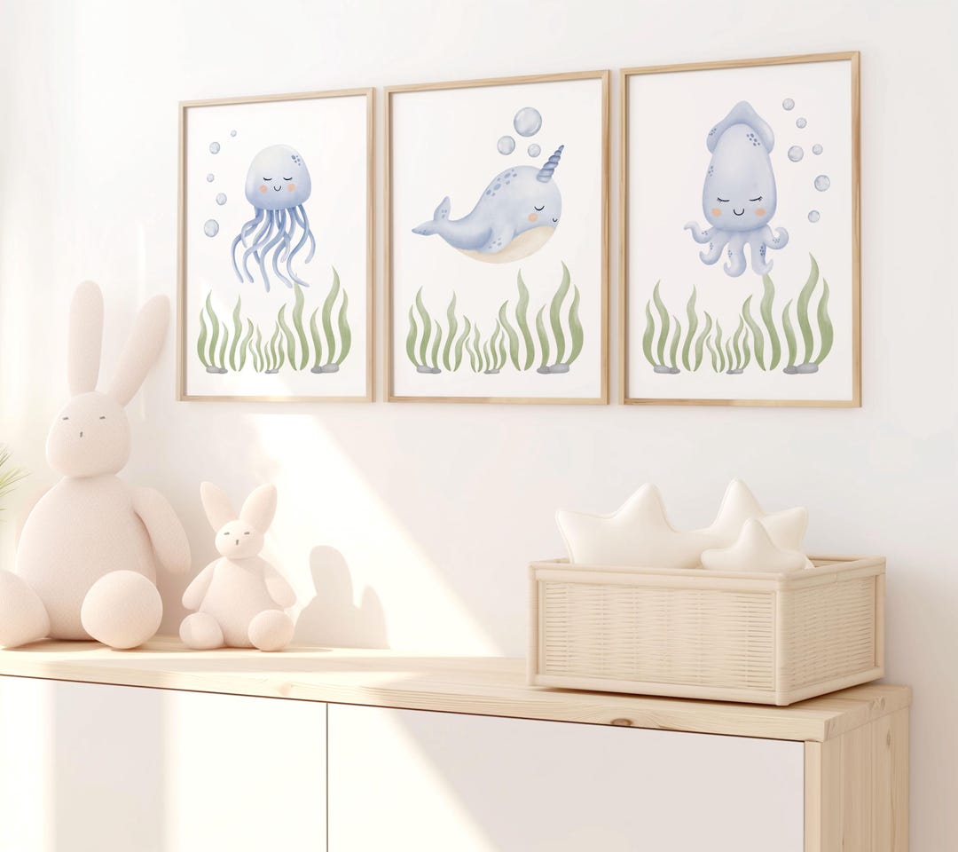 Under the Sea Nursery Prints, Set of 3 Sea Animal Wall Art, Nautical ...