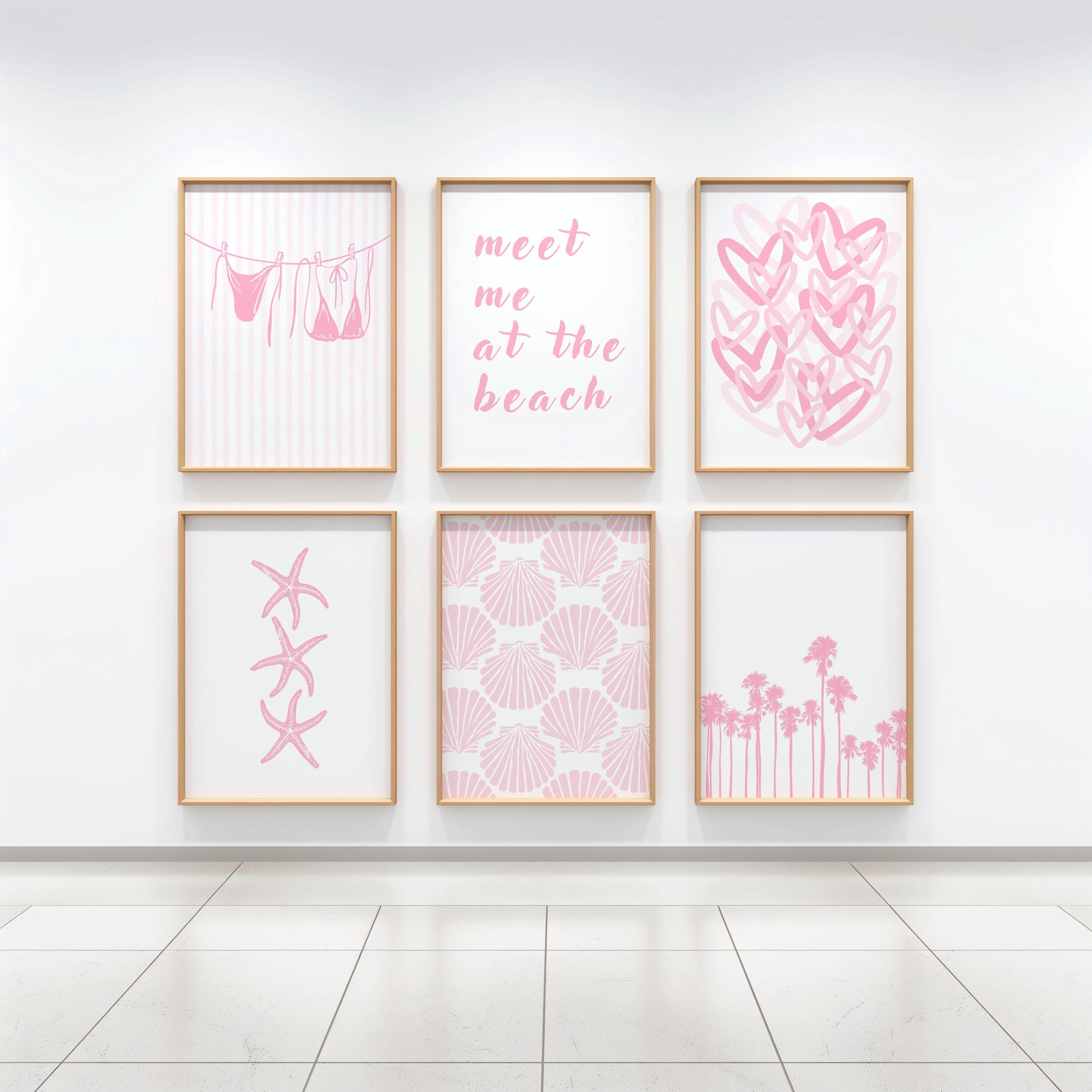Pink Beach Prints Set of 6, Trendy Coastal Wall Art Posters, Girly Dorm Room Decor, Beachy Wall Art, College Apartment Aesthetic, Digital