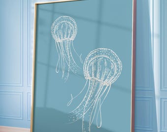 Impresión de arte de pared de medusas, póster de medusas azules, arte de pared azul claro, decoración de habitación playera, arte de pared del océano imprimible, impresión de descarga digital
