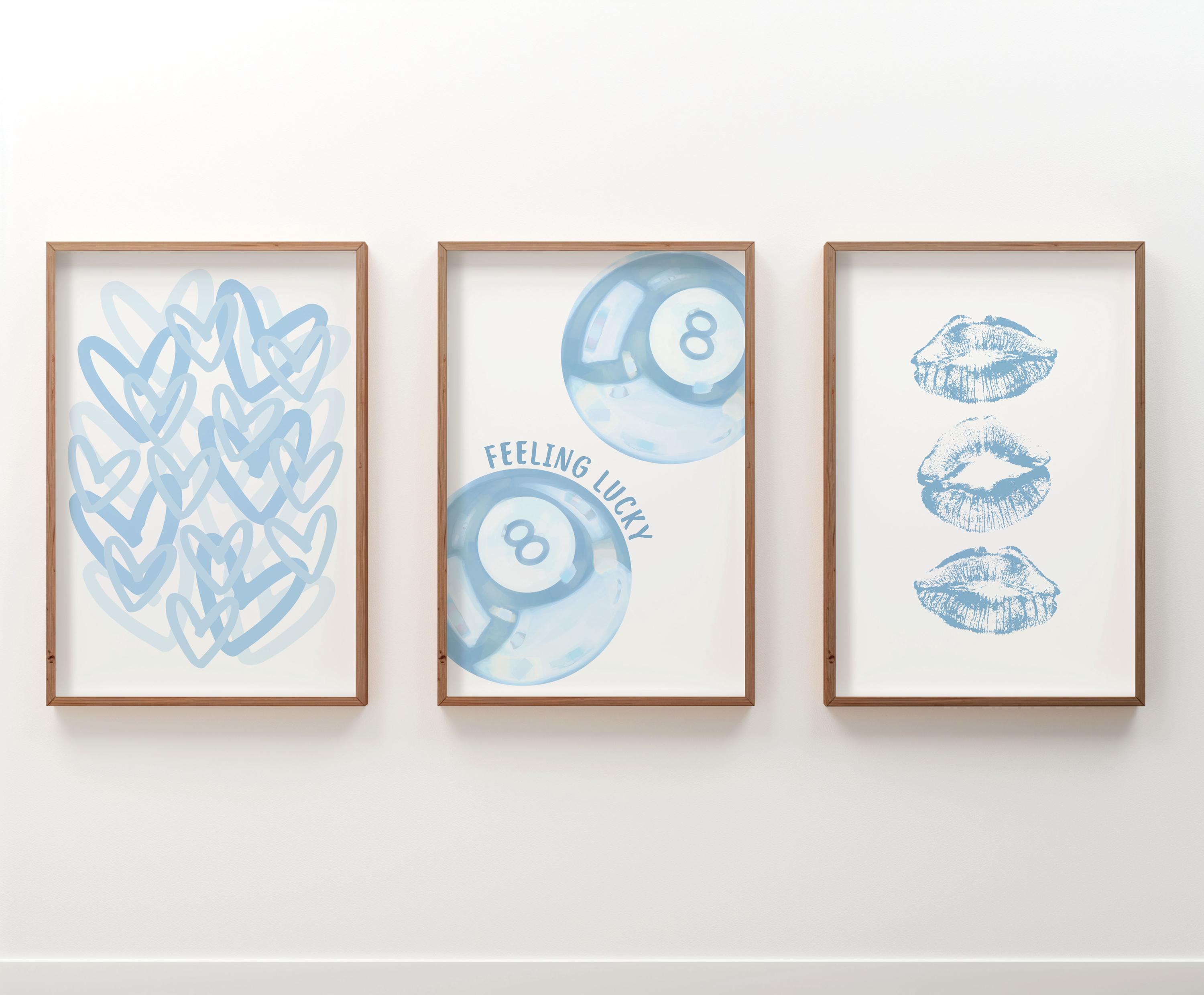 For Print Blue Blue Preppy Dorm Room Prints Set of 3, Light Blue Trendy Wall Art ...