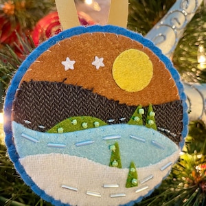 Handmade Ornament – Upcycled Colorado-Inspired Keepsake - Winter Mountain Scene with Golden Sun and River