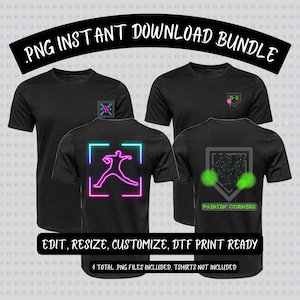 May include: A collection of black t-shirts featuring different graphics, such as a neon outline of a person and the text "PAINTIN' CORNERS." The image also includes the text "PNG INSTANT DOWNLOAD BUNDLE" and "EDIT, RESIZE, CUSTOMIZE, DTF PRINT READY."