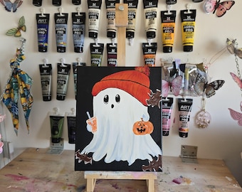 Ghost Acrylic Painting – Halloween Pumpkin Art on Black Canvas