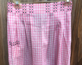Vintage embroidered half apron / Cross stitch pink gingham apron