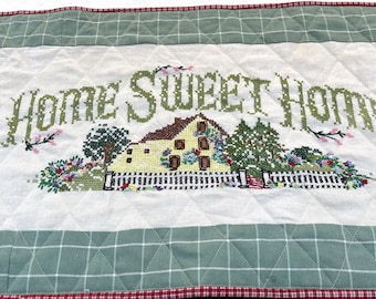 Home Sweet Home table runner/ Repurposed vintage quilted runner 16.5" x 52"