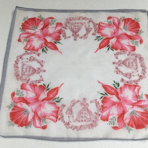 Vintage cotton dancers hanky / Pink orchids and costumed dancing couple /Collectible