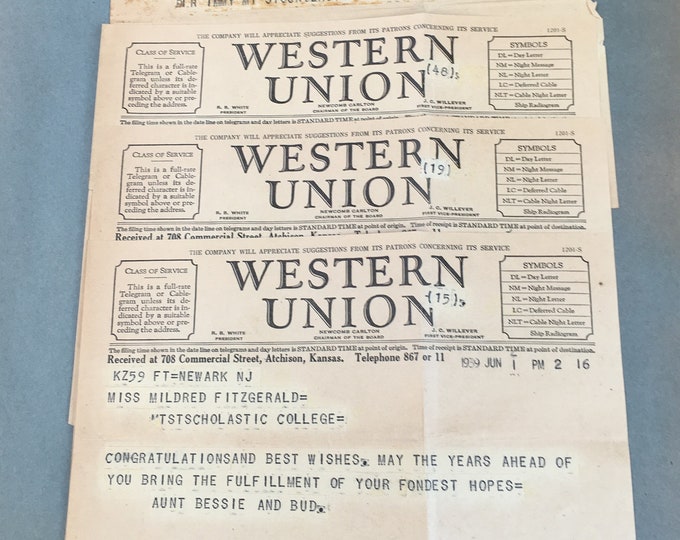 4 Western Union Telegrams  1939 Graduation congratulations  Scrap booking