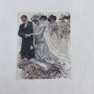 May include: A black and white vintage illustration of a wedding ceremony. The bride is wearing a white dress and veil, and the groom is wearing a black suit. There are three bridesmaids behind the bride, all wearing white dresses and hats.