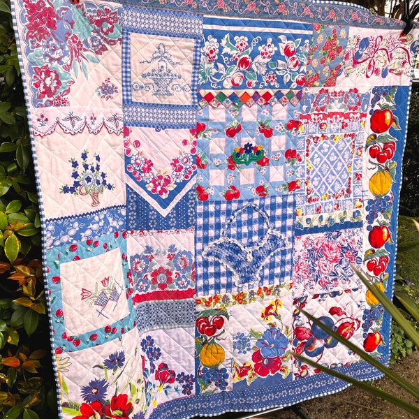 Repurposed vintage tablecloth quilt / 55" x 56" / 26 vintage pieces in blues / Cottage style