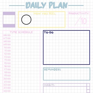 May include: A daily planner with a grid layout. The planner has sections for time schedule, to-do list, reminders, habits, money stream, and notes. The planner is on a light blue background with a light gray grid.