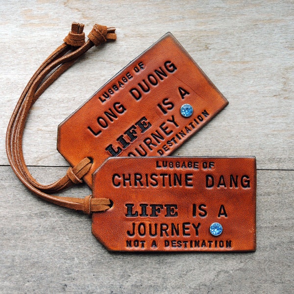 2 Custom Leather Luggage Tags - LIFE is a JOURNEY - Personalize with your names