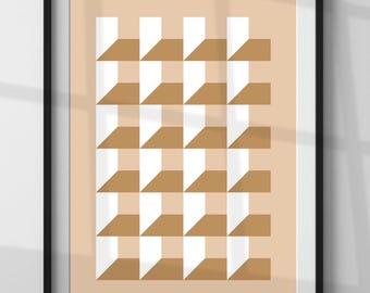 Könnte beinhalten: Ein gerahmter Druck mit einem geometrischen Muster aus braunen und weißen Quadraten auf einem hellpfirsichfarbenen Hintergrund.