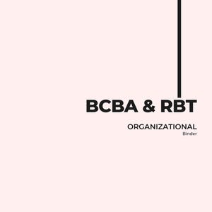 May include: A light pink organizational binder with the text "BCBA & RBT" in bold black letters. Below the text is "ORGANIZATIONAL" and "Binder" in smaller black font. A black vertical line is on the right side.
