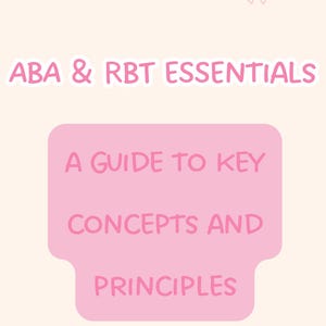Może przedstawiać: Różowa grafika z tekstem "ABA & RBT ESSENTIALS" i "A GUIDE TO KEY CONCEPTS AND PRINCIPLES". Projekt zawiera ilustrację słońca z otwartą książką i dekoracyjnymi sercami.