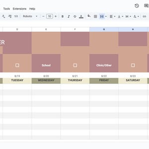 May include: A digital weekly planner labelled "RBT WEEKLY PLANNER" in a light brown and white design. The planner includes sections for client name, session location, and daily schedules from Monday to Sunday, with time slots from 8:00 AM to 12:30 PM.