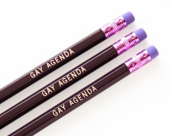GAY AGENDA Pencil Silver Hot Foil Stamped Gay Pencil Queer Stationery Gay Office Supplies Gay Stocking Stuffer Gift