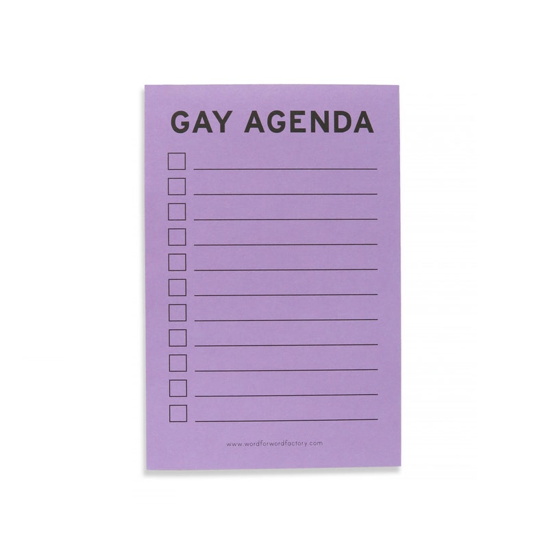 A vertical rectangle lavender notepad that reads GAY AGENDA at the top, with 11 check boxes and lines for list making.